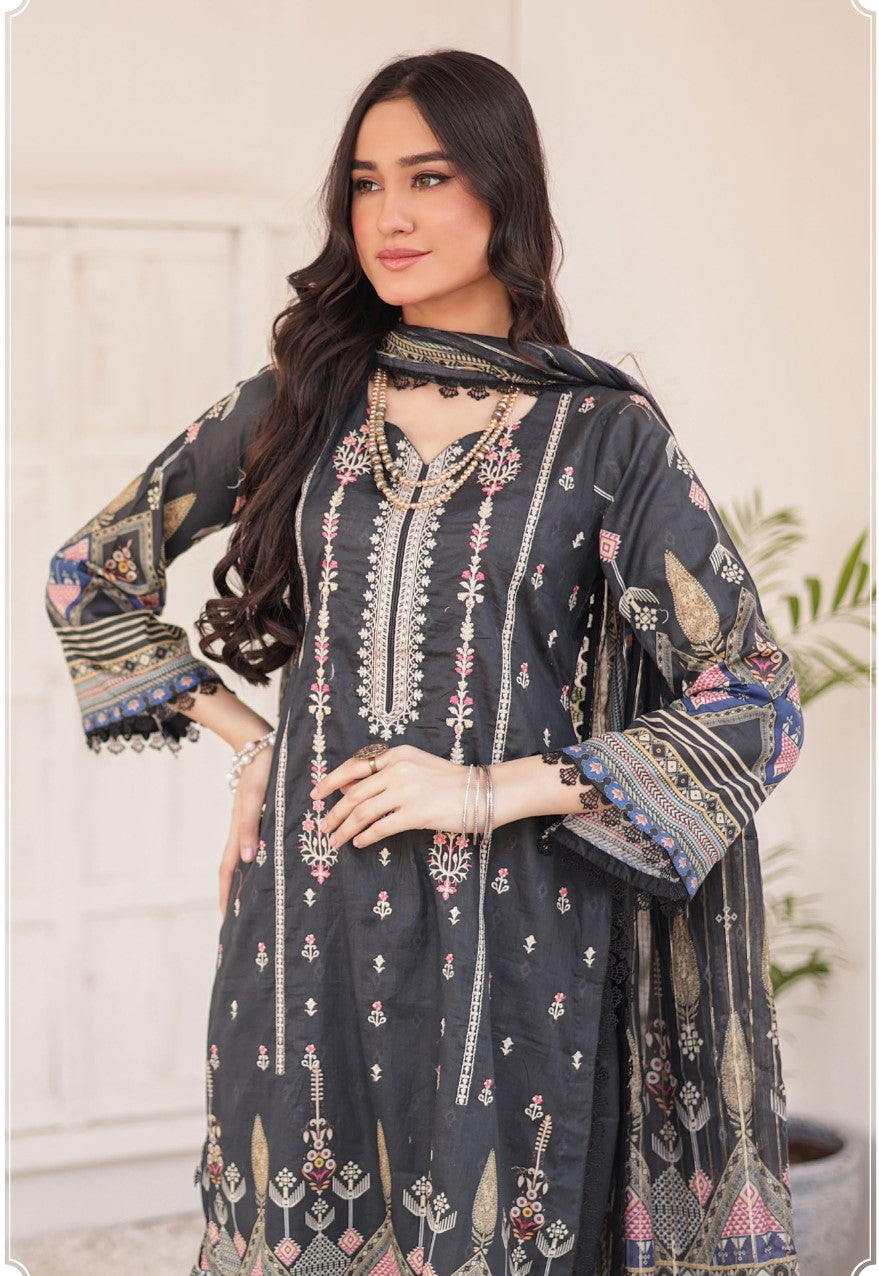 GLOSSY # 10 - Unstitched 3 piece Embroidered Lawn